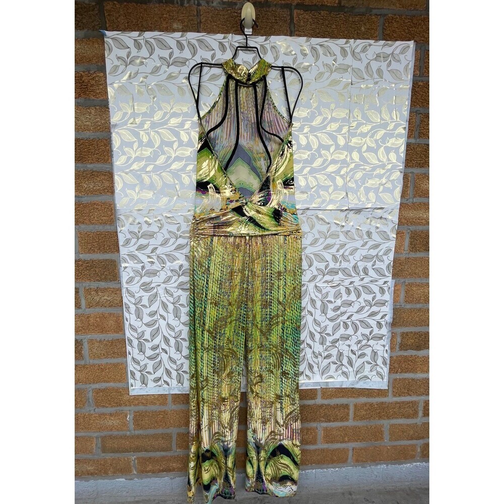 VavaVoom Gold Metallic Halter Jumpsuit Green Y2K Cyber Glam Wide Leg Open Back M - Picture 6 of 11